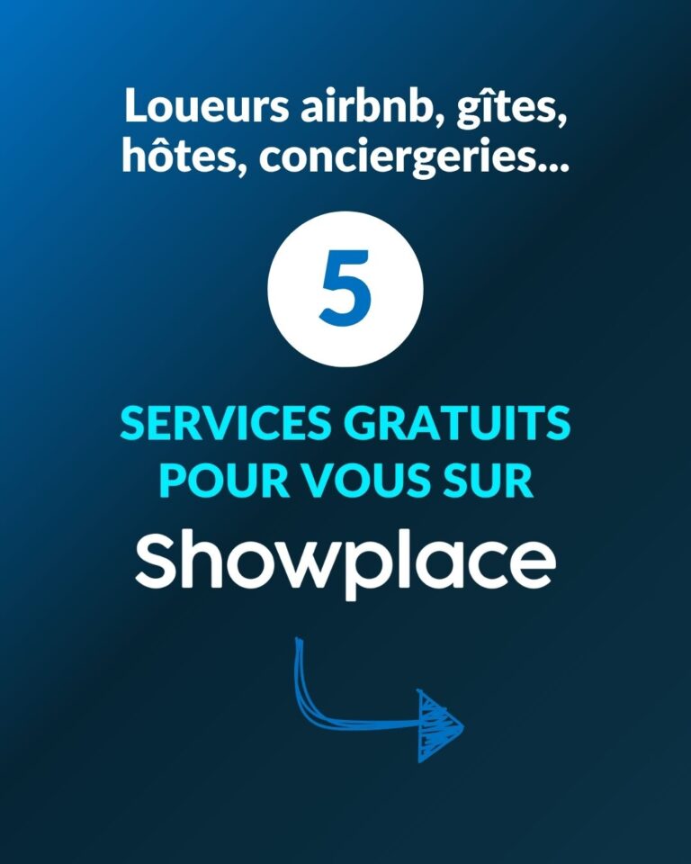 Showplace vous offre 5 services gratuitement, au choix et sans engagement :
🔖 Accédez à des remises pour tous vos achats
🎁 Profitez de produits offerts pour vos hébergements et voyageurs
🔖 Générez des revenus en partageant des offres à vos voyageurs
📱 Créez vos livrets d'accueil digitaux
💵 Créez les boutique en ligne de vos hébergements