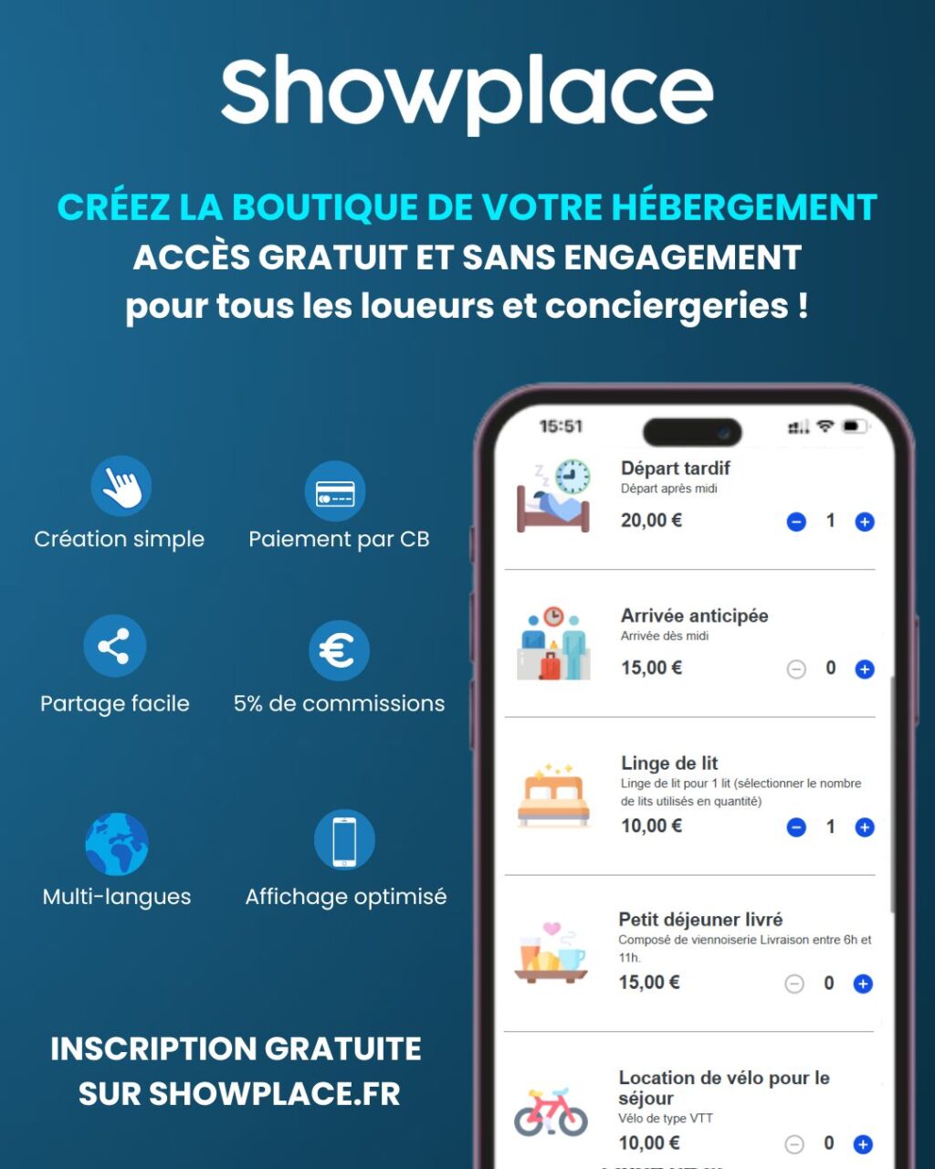 📱 𝗖𝗿𝗲́𝗲𝘇 𝗹𝗮 𝗯𝗼𝘂𝘁𝗶𝗾𝘂𝗲 𝗱𝗲 𝘃𝗼𝘁𝗿𝗲 𝗵𝗲́𝗯𝗲𝗿𝗴𝗲𝗺𝗲𝗻𝘁 𝗴𝗿𝗮𝘁𝘂𝗶𝘁𝗲𝗺𝗲𝗻𝘁 !
💶 𝗚𝗲́𝗻𝗲́𝗿𝗲𝘇 𝗽𝗹𝘂𝘀 𝗱𝗲 𝗿𝗲𝘃𝗲𝗻𝘂𝘀 𝗮̀ 𝗰𝗵𝗮𝗾𝘂𝗲 𝗿𝗲́𝘀𝗲𝗿𝘃𝗮𝘁𝗶𝗼𝗻
📢 Showplace vous permet de créer les boutiques de vos hébergements facilement
✅ Ce service est gratuit et sans engagement, tout comme nos autres services : produits offerts, livrets d’accueil, remises exclusives…
➡️ Inscription gratuite sur Showplace.fr