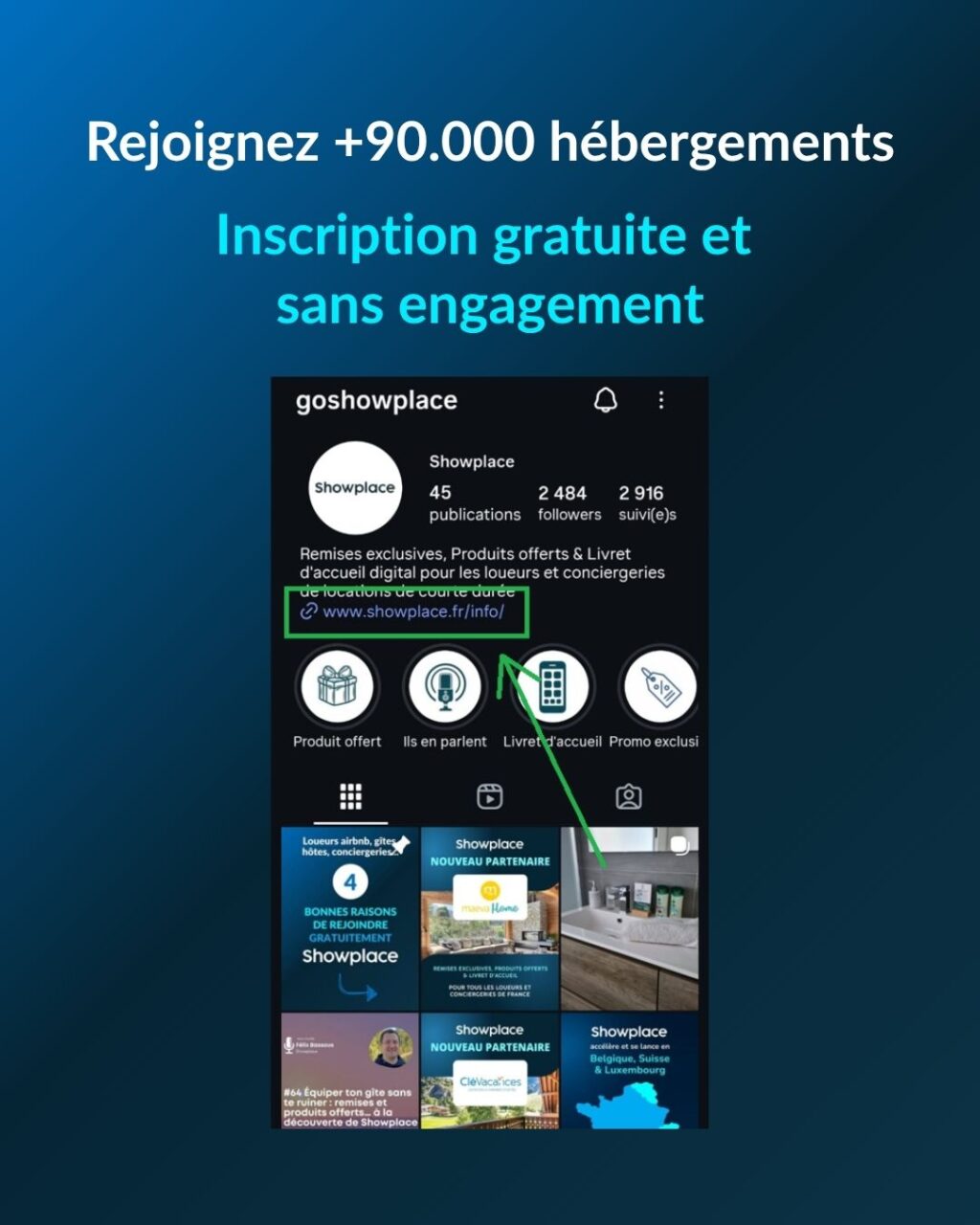 Showplace vous offre 5 services gratuitement, au choix et sans engagement :
🔖 Accédez à des remises pour tous vos achats
🎁 Profitez de produits offerts pour vos hébergements et voyageurs
🔖 Générez des revenus en partageant des offres à vos voyageurs
📱 Créez vos livrets d'accueil digitaux
💵 Créez les boutique en ligne de vos hébergements