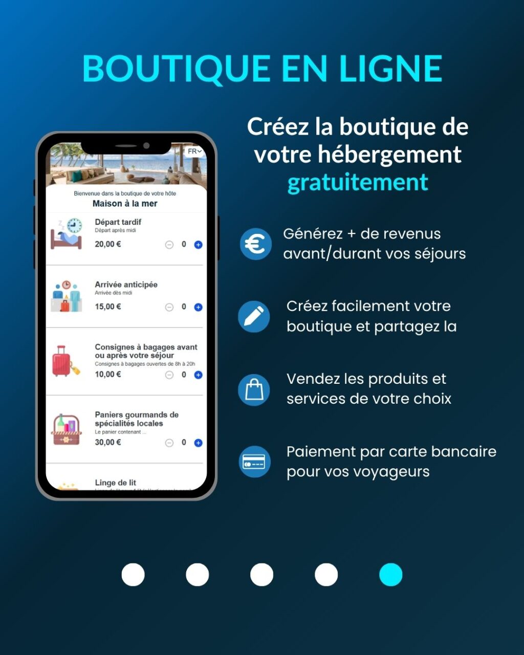 Showplace vous offre 5 services gratuitement, au choix et sans engagement :
🔖 Accédez à des remises pour tous vos achats
🎁 Profitez de produits offerts pour vos hébergements et voyageurs
🔖 Générez des revenus en partageant des offres à vos voyageurs
📱 Créez vos livrets d'accueil digitaux
💵 Créez les boutique en ligne de vos hébergements