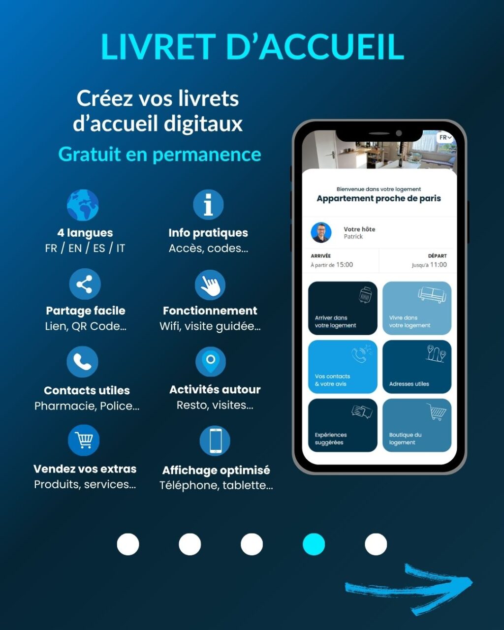 Showplace vous offre 5 services gratuitement, au choix et sans engagement :
🔖 Accédez à des remises pour tous vos achats
🎁 Profitez de produits offerts pour vos hébergements et voyageurs
🔖 Générez des revenus en partageant des offres à vos voyageurs
📱 Créez vos livrets d'accueil digitaux
💵 Créez les boutique en ligne de vos hébergements